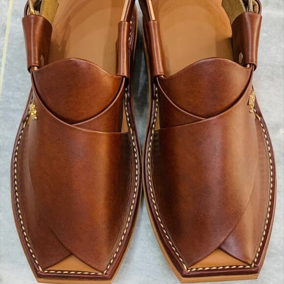 Dark Brown Leather Peshawari Chappal, Traditional Unique Style Comfortable - Picture 5 of 14